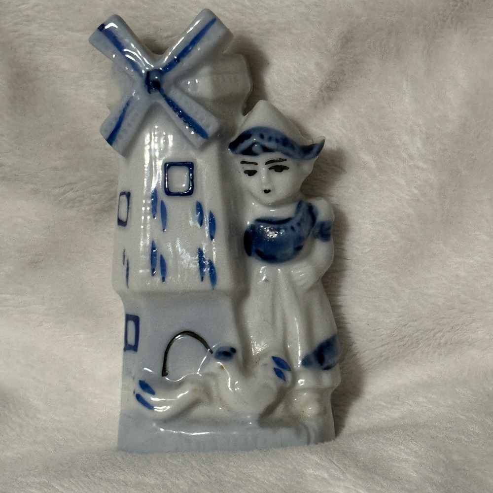 Vintage Porcelain Japan Miniature White & Blue Figurine Girl With Windmill